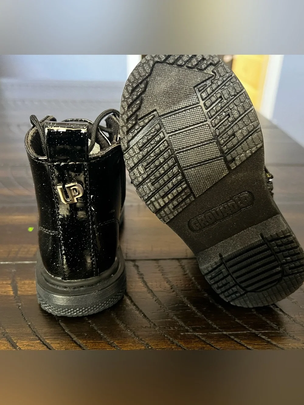 Ground Up Black Glitter Patent Lace-Up Boots for Toddler Girls